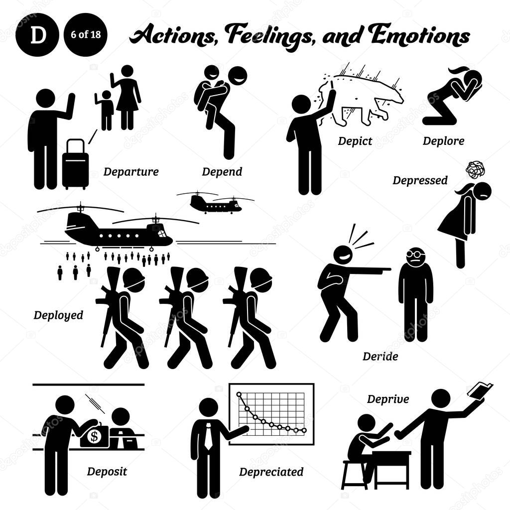 Stick figure human people man action, feelings, and emotions icons alphabet D. Departure, depend, depict, deplore, deployed, deride, depressed, deposit, depreciated, and deprive.