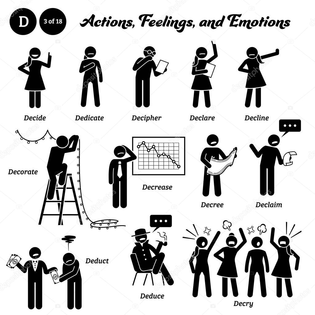 Stick figure human people man action, feelings, and emotions icons alphabet D. Decide, dedicate, decipher, declare, decline, decorate, decrease, decree, declaim, deduct, deduce, and decry.