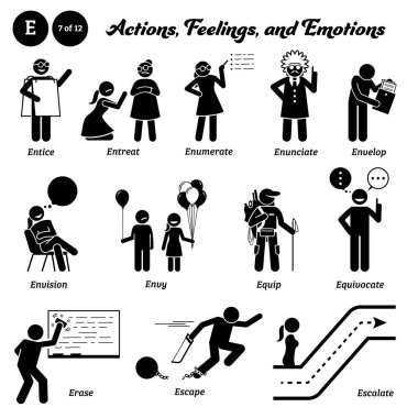 Stick figure human people man action, feelings, and emotions icons alphabet E. Entice, entreat, enumerate, enunciate, envelop, envision, envy, equip, equivocate, erase, escape, and escalate.  clipart