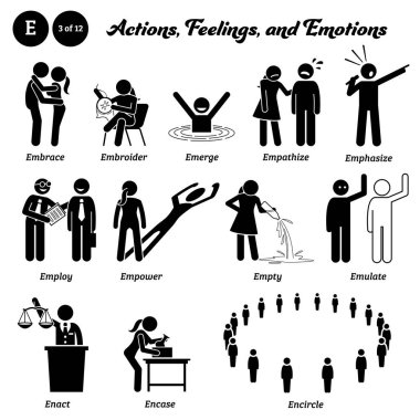 Stick figure human people man action, feelings, and emotions icons alphabet E. Embrace, embroider, emerge, empathize, emphasize, employ, empower, empty, emulate, enact, encase, and encircle.  clipart