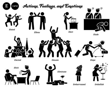 Stick figure human people man action, feelings, and emotions icons alphabet E. Elated, elbow, elect, elude, elected, elevate, elope, elicit, eliminate, embarrassed, and embellish. clipart