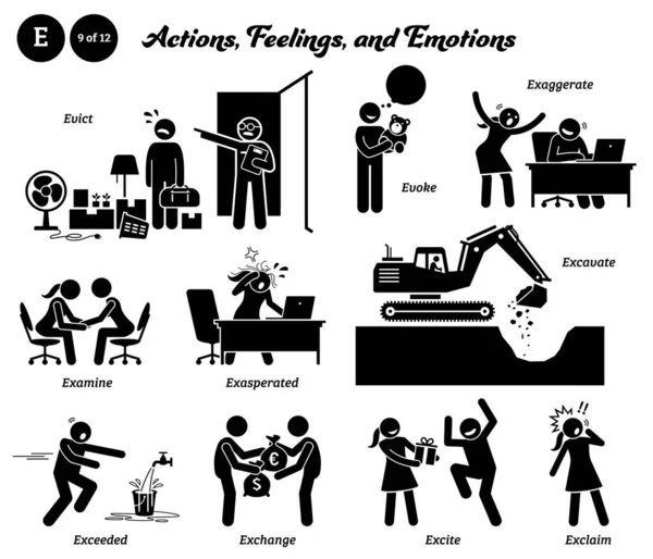 Strichmännchen Menschen Mensch Aktion Gefühle Und Emotionen Symbole Alphabet Vertreiben — Stockvektor