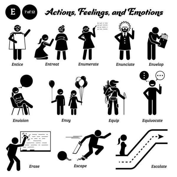 Figura Palo Humano Hombre Acción Sentimientos Emociones Iconos Alfabeto Entice — Vector de stock