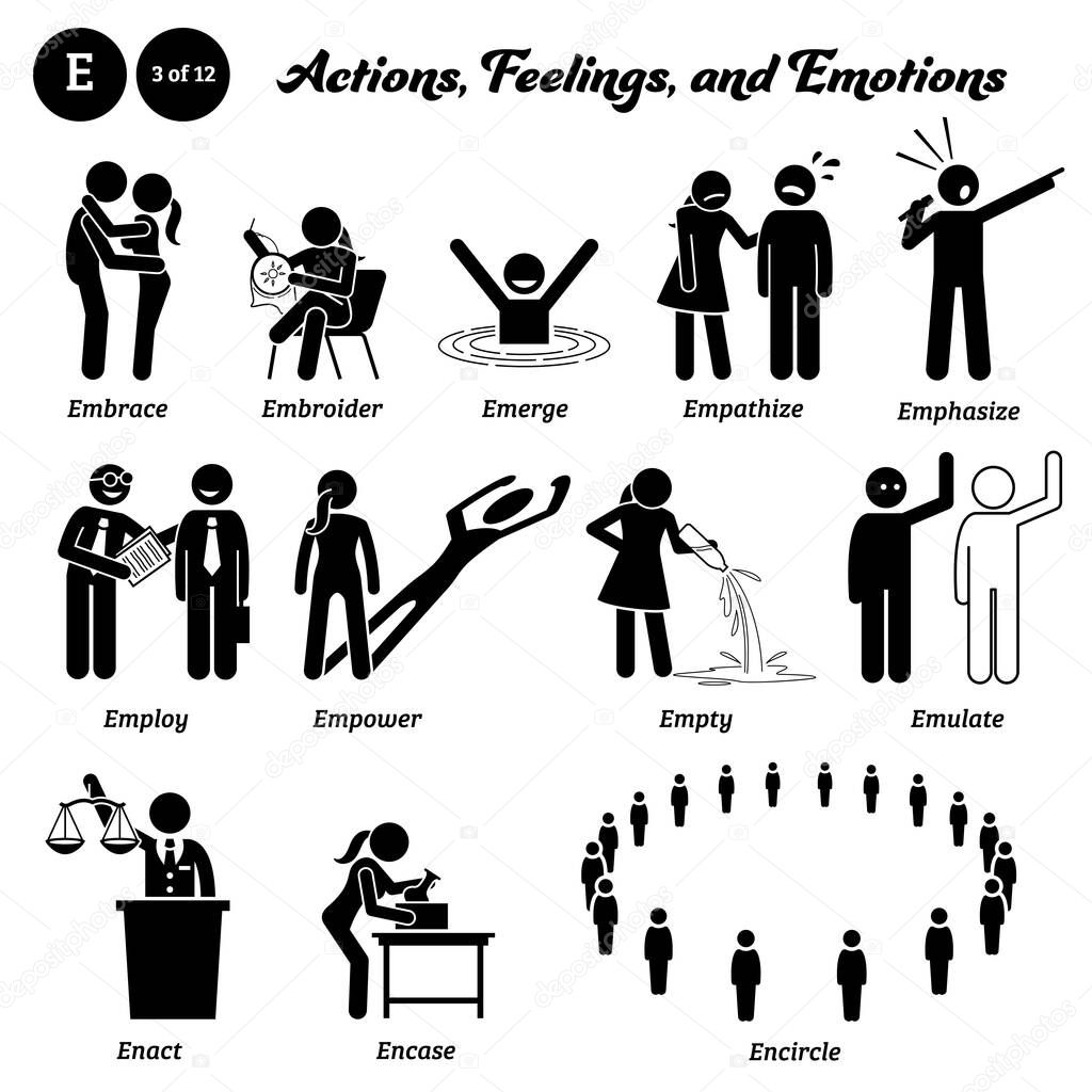Stick figure human people man action, feelings, and emotions icons alphabet E. Embrace, embroider, emerge, empathize, emphasize, employ, empower, empty, emulate, enact, encase, and encircle. 