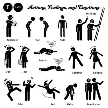Stick figure human people man action, feelings, and emotions icons alphabet F. Fabricate, face, fade, facilitate, fail, fainted, fainting, fake, fall, falter, and familiarize.  clipart