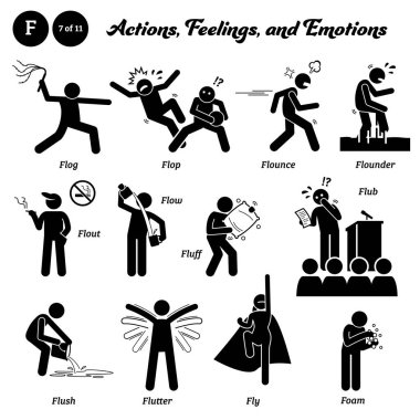 Stick figure human people man action, feelings, and emotions icons alphabet F. Flog, flop, flounce, flounder, flout, flow, fluff, flub, flush, flutter, fly, and foam.
