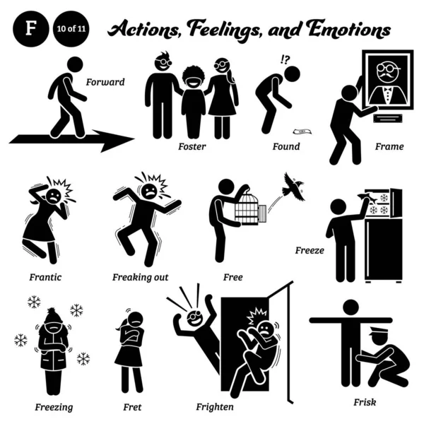 Stick Figure Human People Man Action Feelings Emotions Icons Alphabet — Vetor de Stock