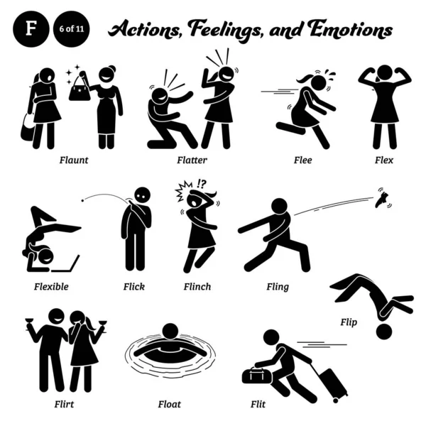 Stick Figure Human People Man Action Feelings Emotions Icons Alphabet — Vetor de Stock