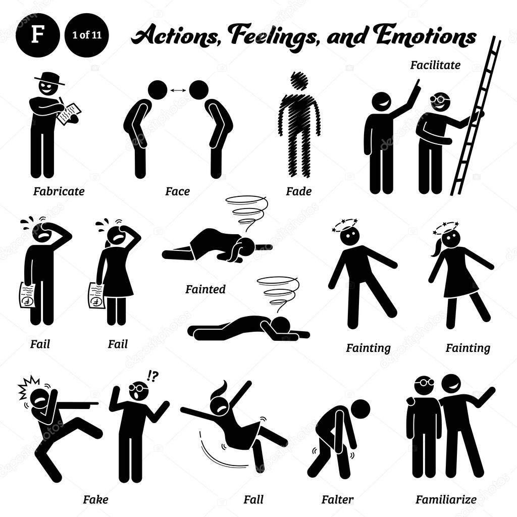 Stick figure human people man action, feelings, and emotions icons alphabet F. Fabricate, face, fade, facilitate, fail, fainted, fainting, fake, fall, falter, and familiarize. 