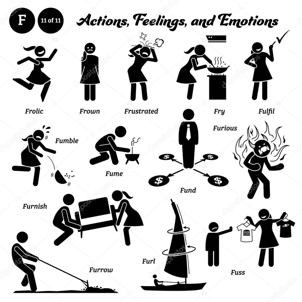 Stick figure human people man action, feelings, and emotions icons alphabet F. Frolic, frown, frustrated, fry, fulfil, fumble, fume, fund, furious, furnish, furrow, furl, and fuss.