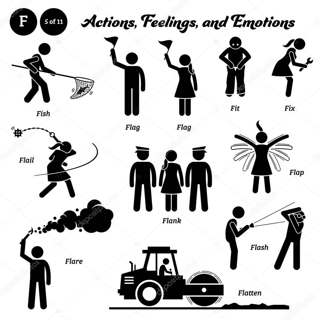 Stick figure human people man action, feelings, and emotions icons alphabet F. Fish, flag, fit, fix, flail, flank, flap, flare, flash, and flatten. 
