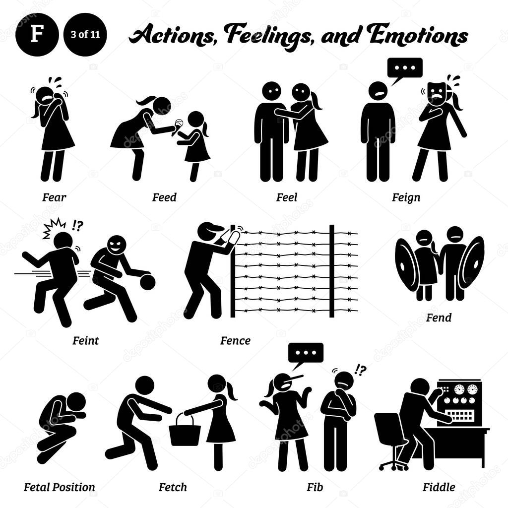 Stick figure human people man action, feelings, and emotions icons alphabet F. Fear, feed, feel, feign, feint, fence, fend, fetal position, fetch, fib, and fiddle. 