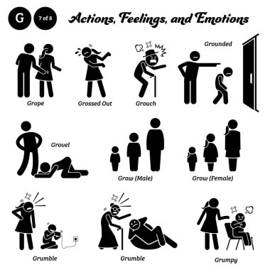 Stick figure human people man action, feelings, and emotions icons alphabet G. Grope, grossed out, grouch, grounded, grovel, grow, grumble, and grumpy.