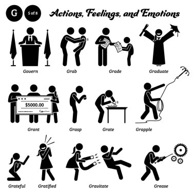 Çubuk insan figürü. Aksiyon, duygu ve duygu simgeleri. Alfabe G. Yönet, tut, not al, mezun ol, Grant, kavra, rende, kavra, kavra, kavra, kavra, kavra, minnettar, memnun ol, yerçekimi ve yağla.. 