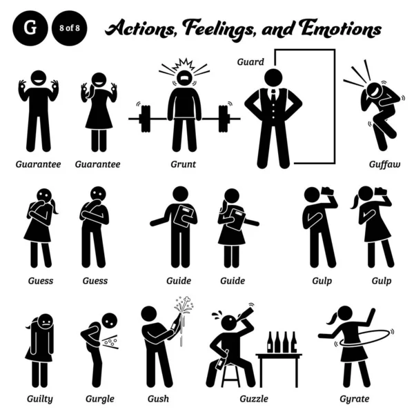 Stick Figure Humain Homme Action Sentiments Émotions Icônes Alphabet Garantie — Image vectorielle