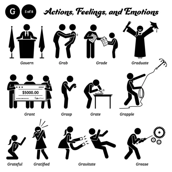 Stick Figure Humain Homme Action Sentiments Émotions Icônes Alphabet Gouverner — Image vectorielle