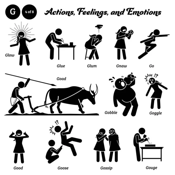 Stick Figure Human People Man Action Feelings Emotions Icons Alphabet — Vector de stock