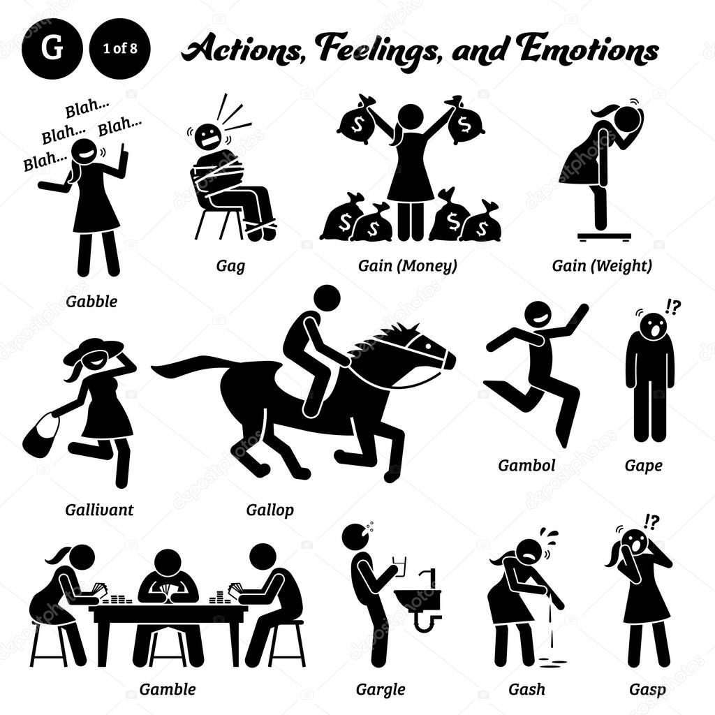 Stick figure human people man action, feelings, and emotions icons alphabet G. Gabble, gag, gain money, gain weight, gallivant, gallop, gambol, gape, gamble, gargle, gash, and gasp.