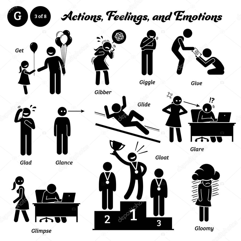 Stick figure human people man action, feelings, and emotions icons alphabet G. Get, gibber, giggle, give, glad, glance, glide, glare, glimpse, gloat, and gloomy.
