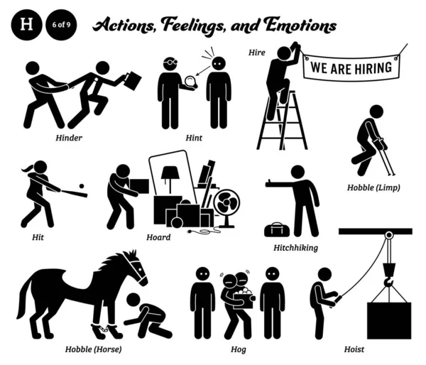 Stick Figure Human People Man Action Feelings Emotions Icons Alphabet — Wektor stockowy