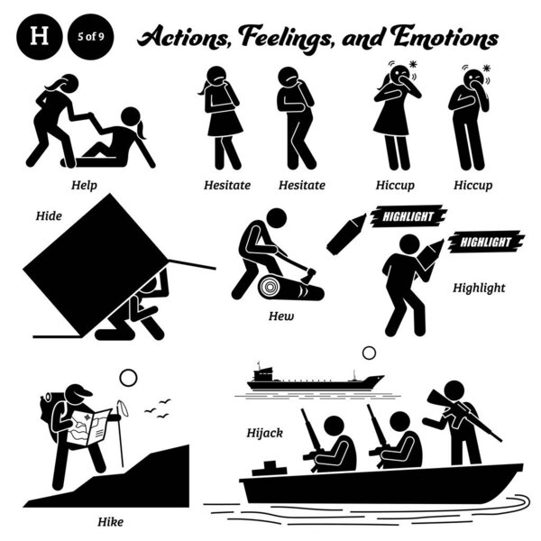Stick figure human people man action, feelings, and emotions icons alphabet H. Help, hesitate, hiccup, hide, hew, highlight, hike, and hijack.