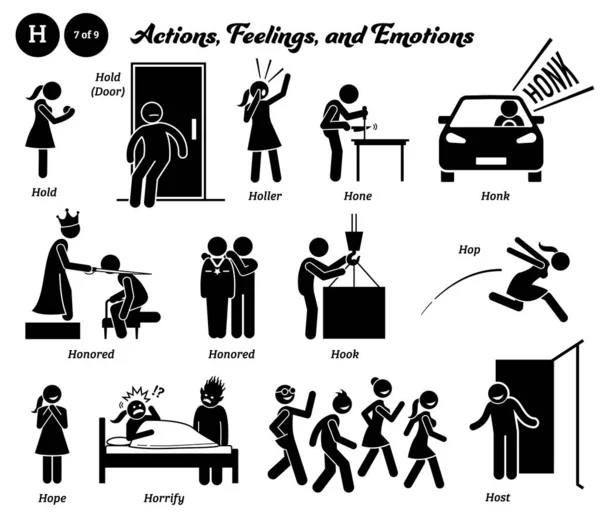 Stick Figure Human People Man Action Feelings Emotions Icons Alphabet — Vetor de Stock