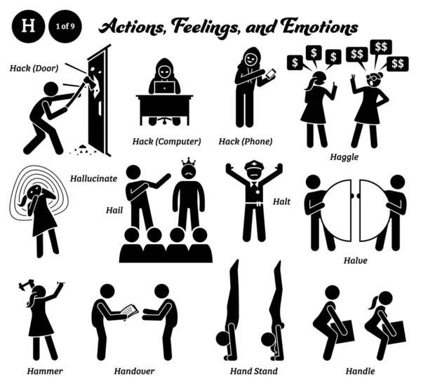 Stick Figure Human People Man Action Feelings Emotions Icons Alphabet — Stockvektor