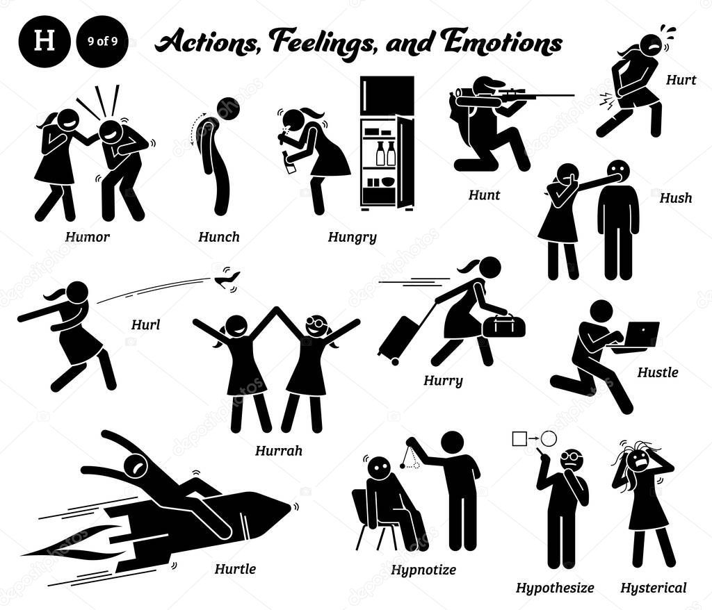 Stick figure human people man action, feelings, and emotions icons alphabet H. Humor, hunch, hungry, hunt, hurt, hush, hurl, hurrah, hurry, hustle, hurtle, hypnotize, hypothesize, and hysterical.