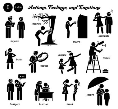 Stick figure human people man action, feelings, and emotions icons alphabet I. Inquire, inscribe, insert, insinuate, insist, inspect, inspire, install, instigate, instruct, insult, and insure. clipart
