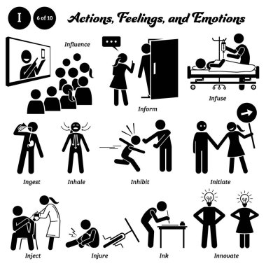 Stick figure human people man action, feelings, and emotions icons alphabet I. Influence, inform, infuse, ingest, inhale, inhibit, initiate, inject, injure, ink, and innovate.