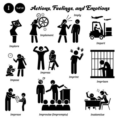 Stick figure human people man action, feelings, and emotions icons alphabet I. Implore, implement, imply, import, impose, impress, imprint, imprison, improve, improvise, impromptu, and inattentive.