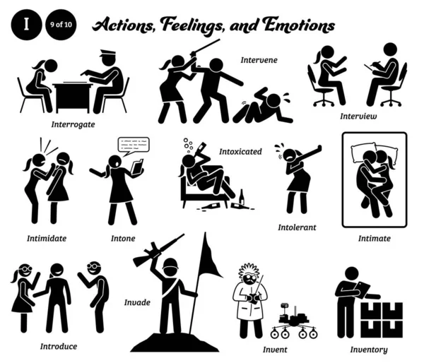 Stick Figure Human People Man Action Feelings Icons Alphabet Interrogate — Wektor stockowy