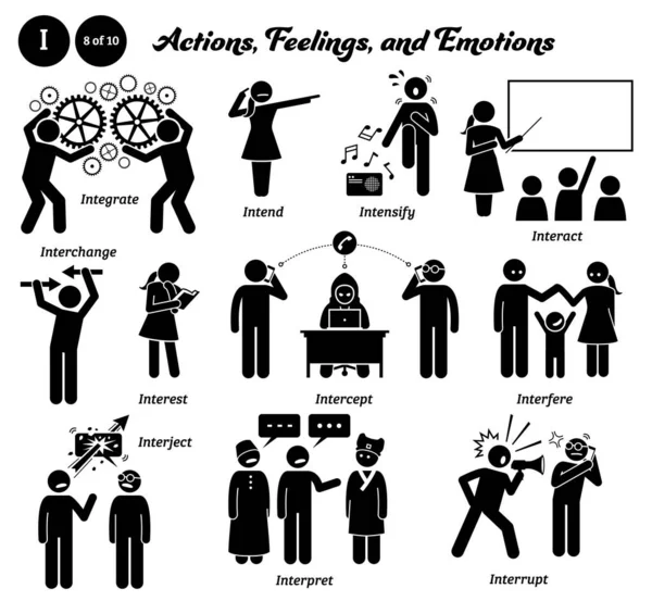 Stick Figure Human People Man Action Feelings Emotions Icons Alphabet — Vector de stock