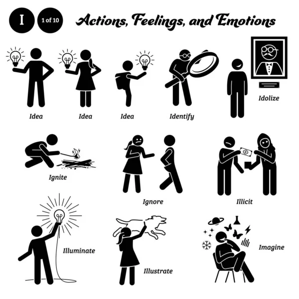Stick Figure Human People Man Action Feelings Emotions Icons Alphabet — Stok Vektör