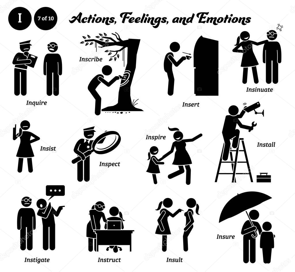 Stick figure human people man action, feelings, and emotions icons alphabet I. Inquire, inscribe, insert, insinuate, insist, inspect, inspire, install, instigate, instruct, insult, and insure.