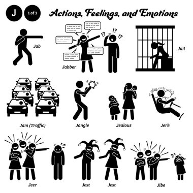 Stick figure human people man action, feelings, and emotions icons alphabet J. Jab, jabber, jail, traffic jam, jangle, jealous, jerk, jeer, jest, and jibe.