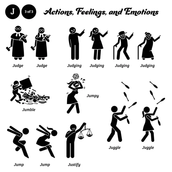 Stick figure human people man action, feelings, and emotions icons alphabet J. Judge, judging, jumble, jumpy, jump, jumping, justify, and juggle.