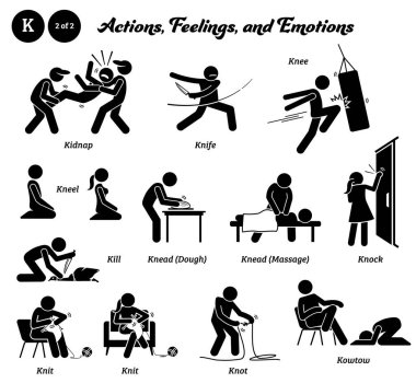 Stick figure human people man action, feelings, and emotions icons alphabet K. Kidnap, knife, knee, kneel, kill, knead, knock, knit, knot, and kowtow. 