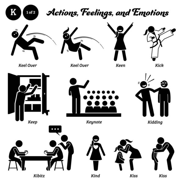 Stick figure human people man action, feelings, and emotions icons alphabet K. Keel over, keen, kick, keep, keynote, kidding, kibitz, kind, and kiss. 