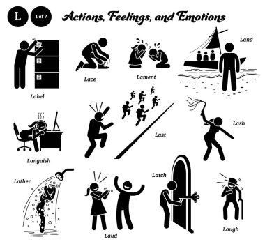 Stick figure human people man action, feelings, and emotions icons alphabet L. Label, lace, lament, land, languish, last, lash, lather, laud, latch, and laugh. clipart