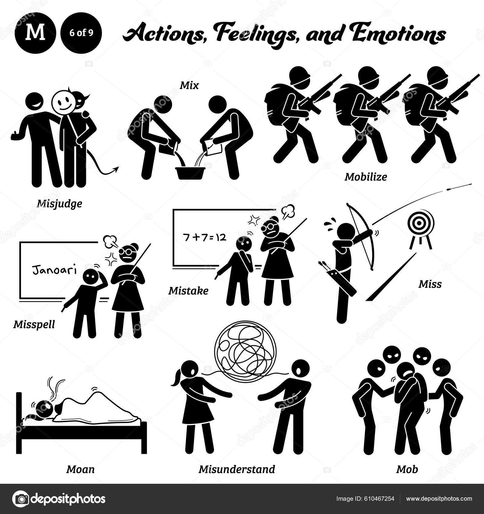 Stick figure human people man action, feelings, and emotions icons alphabet  M. Mate, maul, maximize, mean, measure, meddle, mediate, meditate, meet,  melt, memorize, and menace. Stock Vector