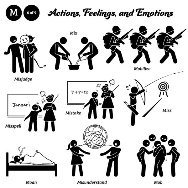 Stick figure human people man action, feelings, and emotions icons alphabet M. Misjudge, mix, mobilize, misspell, mistake, miss, moan, misunderstand, and mob.