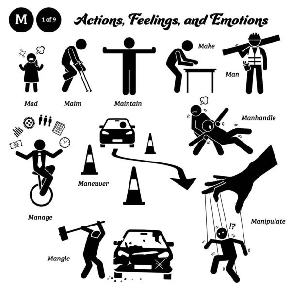 Stick figure human people man action, feelings, and emotions icons alphabet M. Mad, maim, maintain, make, man, manage, maneuver, manhandle, mangle, and manipulate.
