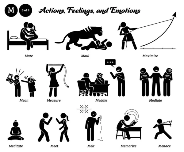 Stick Figure Human Man Action Feeling Emotion Icons Alphabet Mate - Stok Vektor