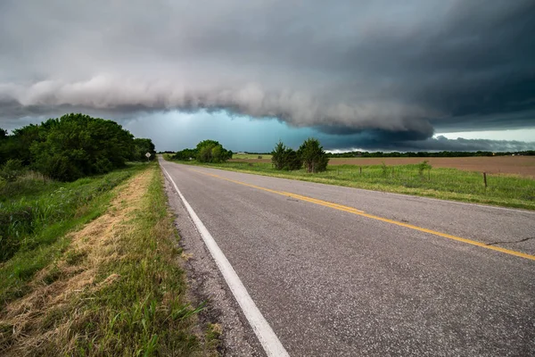 Shelf Cloud Severe Storm Filled Rain Hail Approach Highway Kansas — Stock Photo, Image