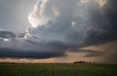 Yükselen bir süper hücre fırtınası, ya da kümülonimbus bulutu, gün batımına yakın bozkırda hareket eder..