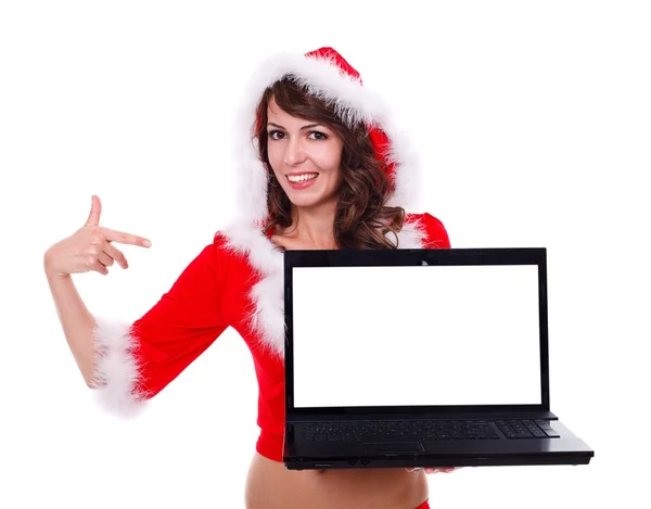 Sexy Miss Weihnachtsmann mit Laptop — Stockfoto