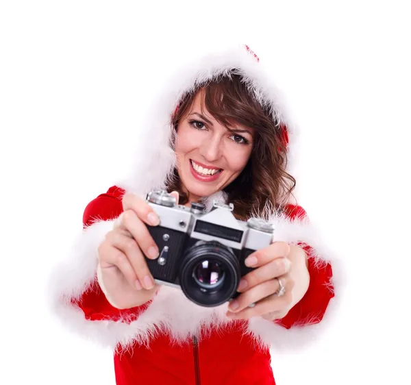 Ganska fru santa med retro kamera — Stockfoto