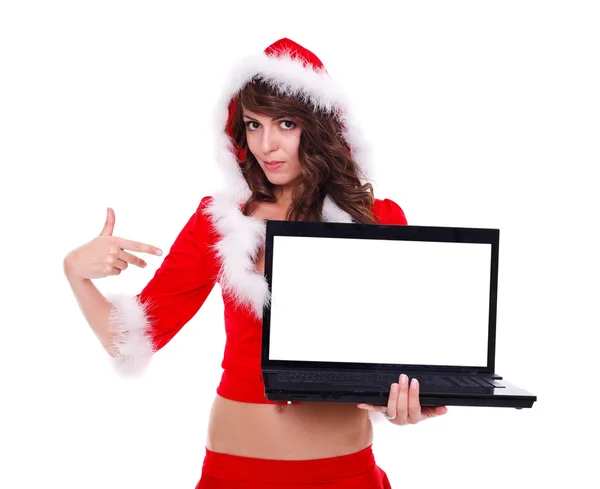 Sexy miss Santa showing onto laptop — Stock Photo, Image