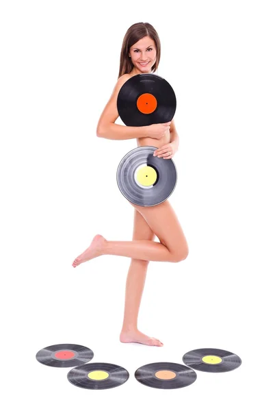 Nude girl with vinyl discs — Stock Photo, Image